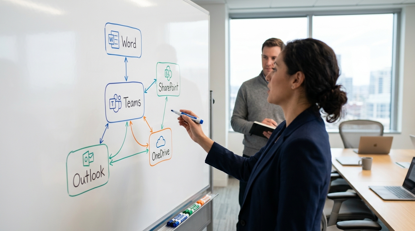 Teams 与 Microsoft 365 组件 Word SharePoint Outlook 的绑定关系图