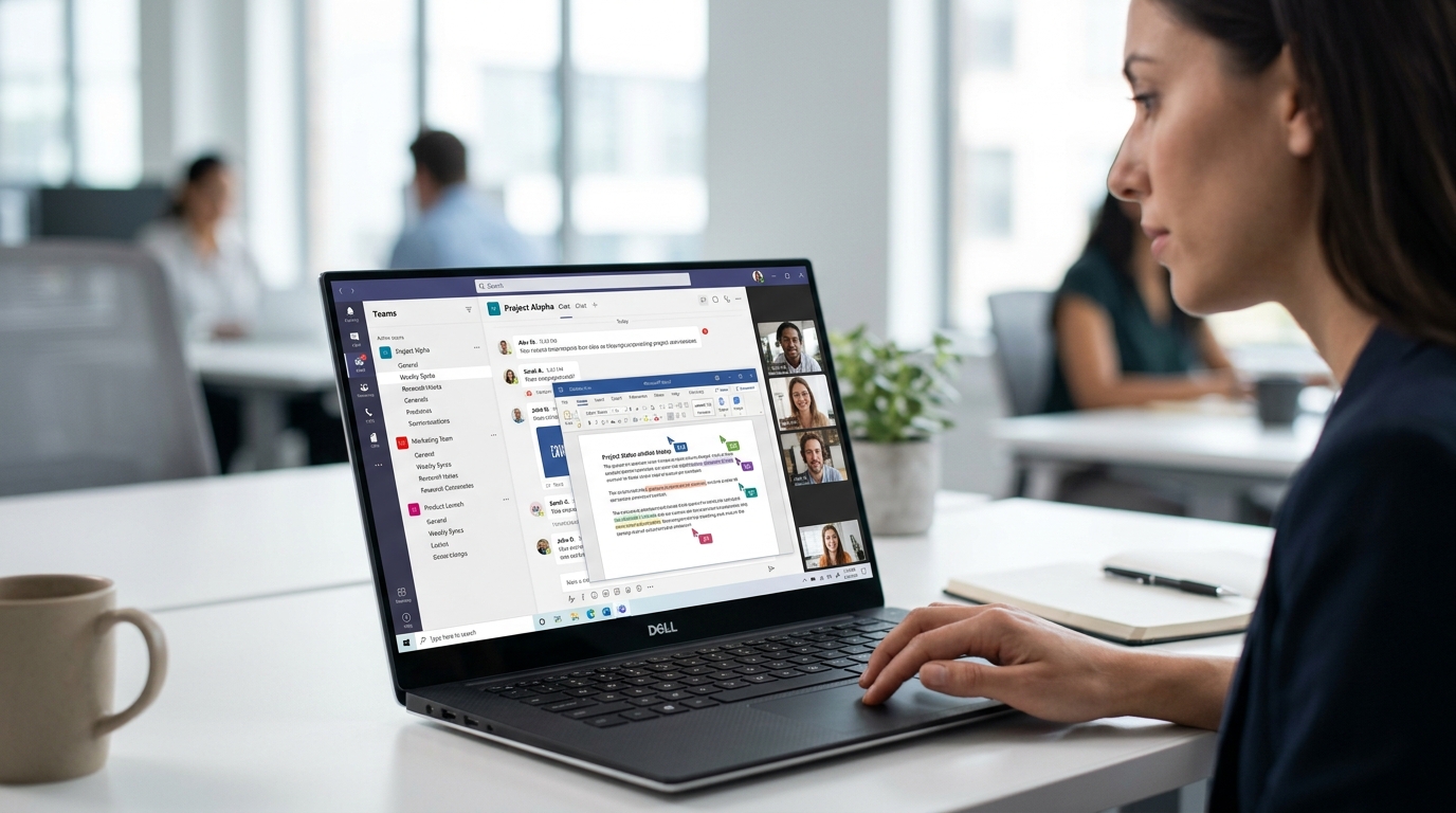 Microsoft Teams 团队协作平台界面展示频道结构与文件共享