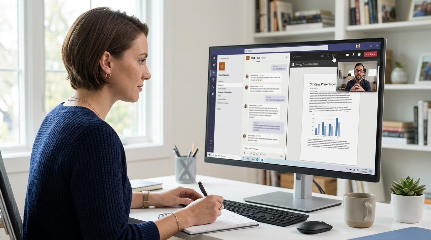 Microsoft Teams 一体化协作平台界面展示聊天视频会议与文件共享