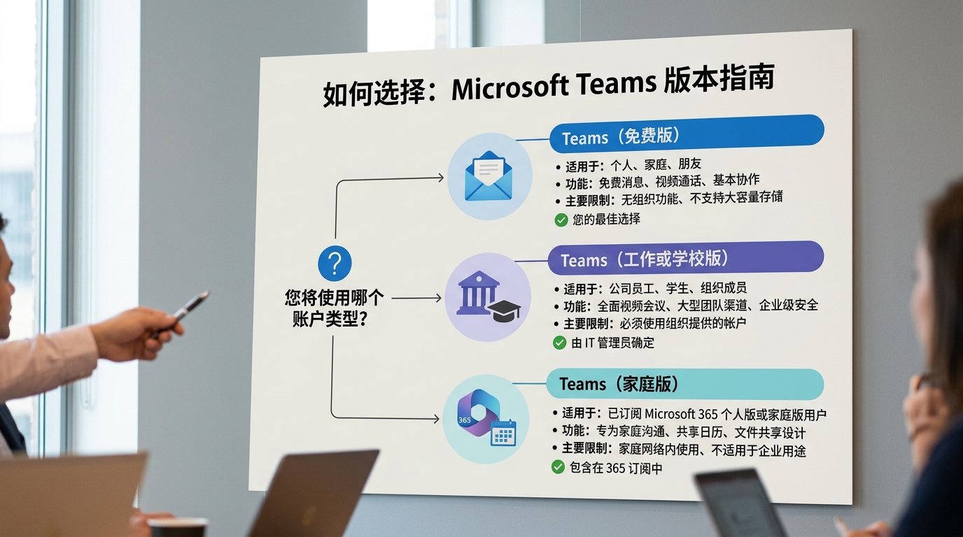 Teams下载版本选择决策图:免费版、工作学校版、家庭个人版对比