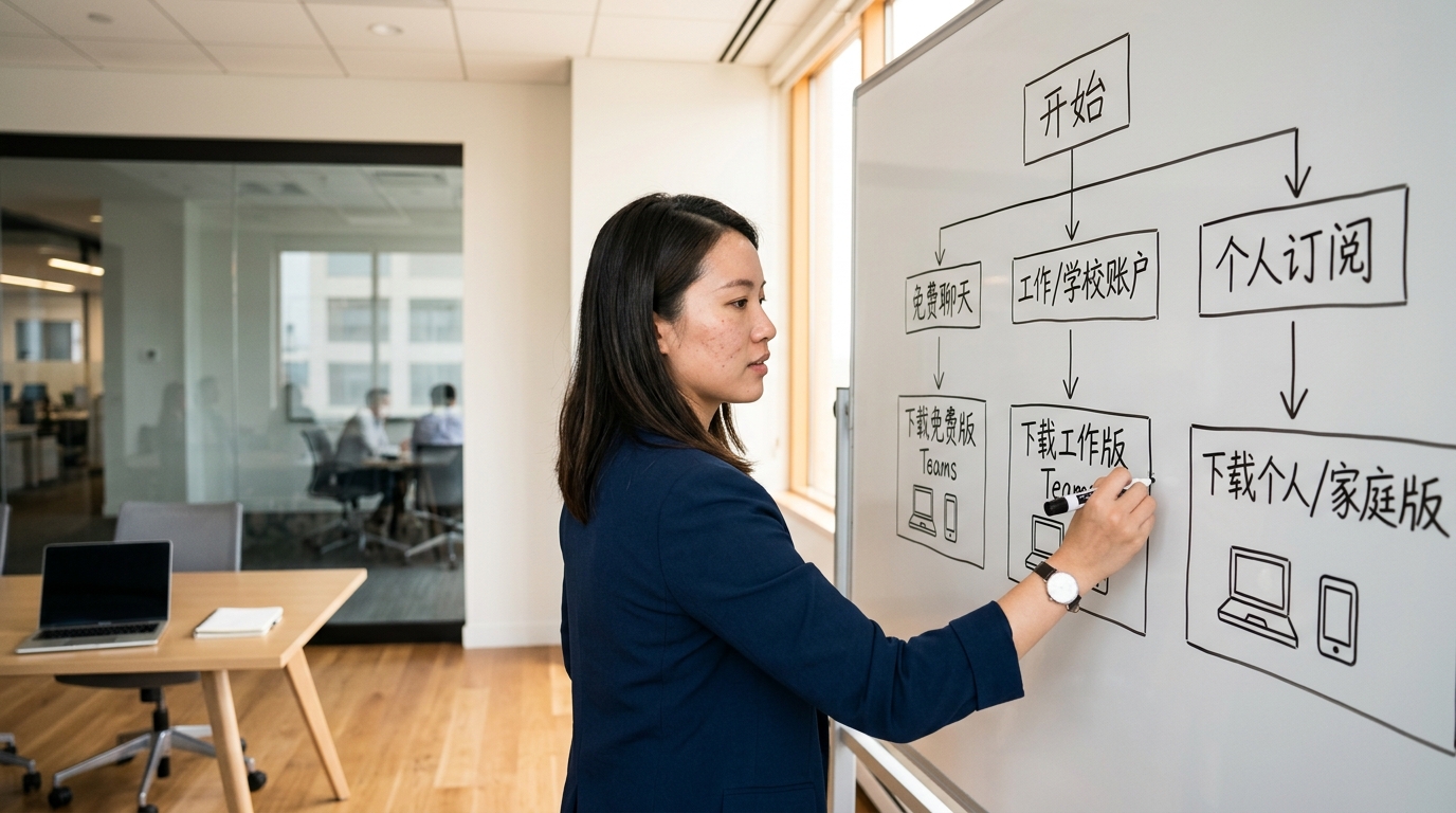 Teams下载前的账号类型与版本选择判断框架图