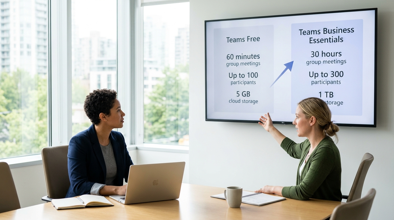 Teams 免费版和付费版会议时长人数存储对比