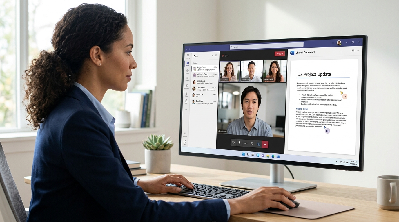 Microsoft Teams 三合一协作平台界面示意图