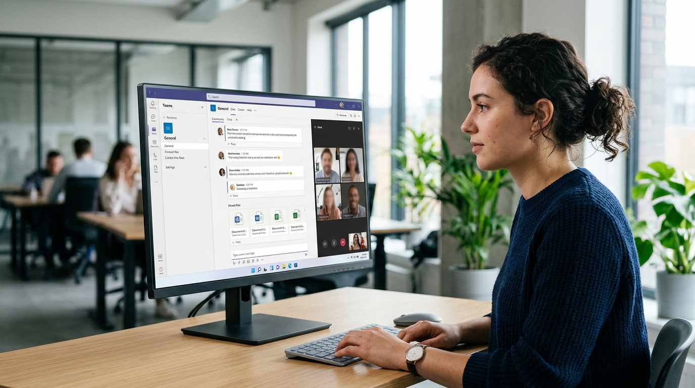 Microsoft Teams 团队协作平台界面展示频道聊天与文件协作