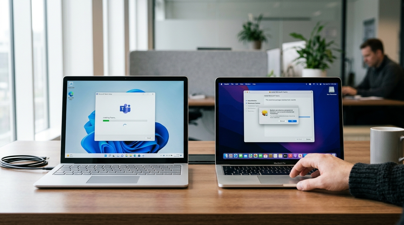 Teams下载后在Windows和macOS桌面端的安装界面对比